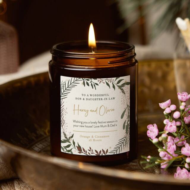 Personalised Christmas Candle Gift Son & Daughter-In-Law, Winter Botanical Wreath, Soy Wax - image 1