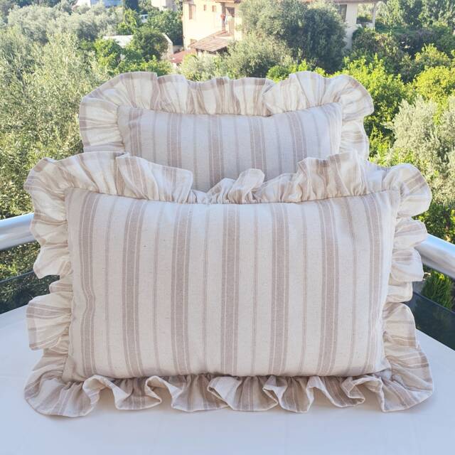Bohemian Linen Striped Pillow Cover With Frill Edges - image 1