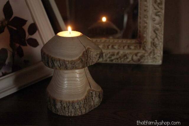 Mushroom Candle Holder From A Log, Rustic Holiday Table Decor Tea Light Natural Waldorf - image 1