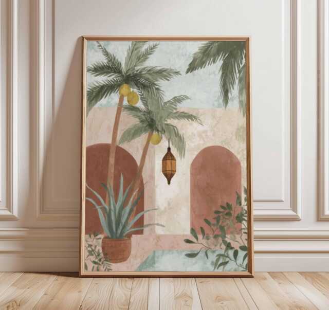 Desert Courtyard Poster, Boho Tropical Wall Art, Moroccan Palm Print, Warm Minimalist Home Decor, Mediterranean Oasis Poster - image 1