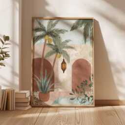 Desert Courtyard Poster, Boho Tropical Wall Art, Moroccan Palm Print, Warm Minimalist Home Decor, Mediterranean Oasis Poster - thumbnail 3