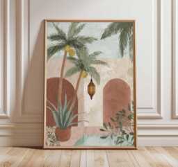 Desert Courtyard Poster, Boho Tropical Wall Art, Moroccan Palm Print, Warm Minimalist Home Decor, Mediterranean Oasis Poster - thumbnail 1