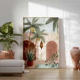 Desert Courtyard Poster, Boho Tropical Wall Art, Moroccan Palm Print, Warm Minimalist Home Decor, Mediterranean Oasis Poster - thumbnail 2