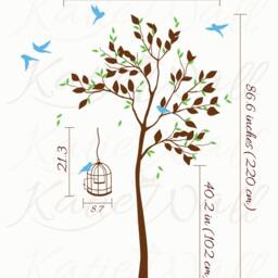 Nursery Tree Wall Decal Large Tree Wall Sticker Mural With White Bird Stickers & A Birdcage Kw002 - thumbnail 2