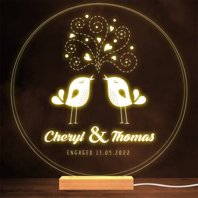 Engagement Love Birds Round Personalised Gift Warm Lamp Night Light - image 1