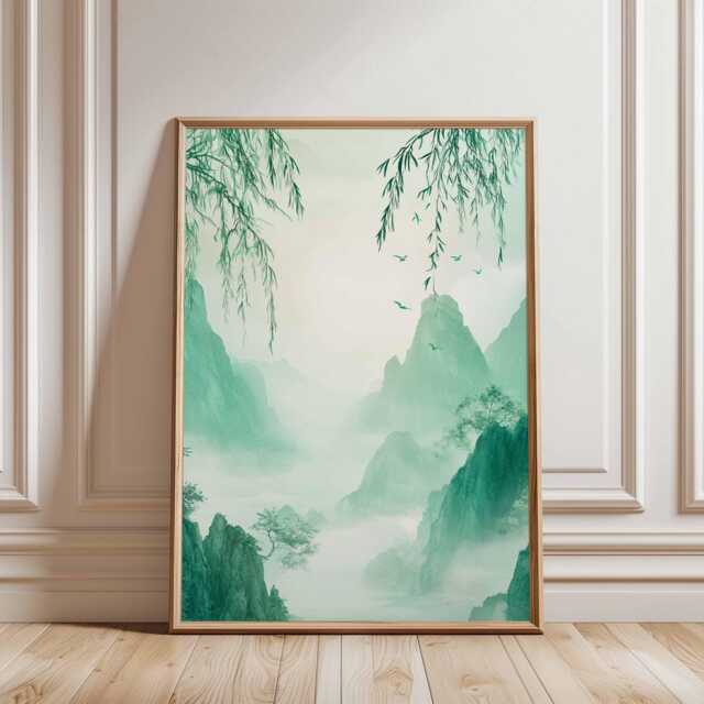 Green Misty Mountain Wall Art, Tranquil Asian Landscape Poster, Zen Nature Print For Calming Home Decor - image 1