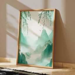 Green Misty Mountain Wall Art, Tranquil Asian Landscape Poster, Zen Nature Print For Calming Home Decor - thumbnail 2