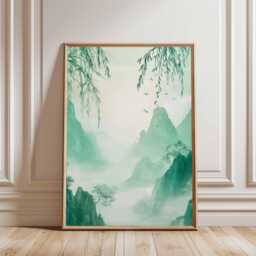 Green Misty Mountain Wall Art, Tranquil Asian Landscape Poster, Zen Nature Print For Calming Home Decor - thumbnail 1