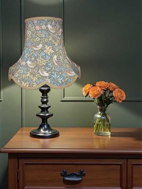 Handcrafted William Morris Teal Strawberry Thief Fabric Lampshades Antique Gold Braid, UK Handmade - image 1