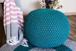Crochet Sea Wave Color Pouf, Knitted Floor Ottoman Ottoman, Large Green Pouf - thumbnail 1