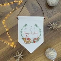 Personalised Santa Stop Here Linen Sign - Christmas Decoration