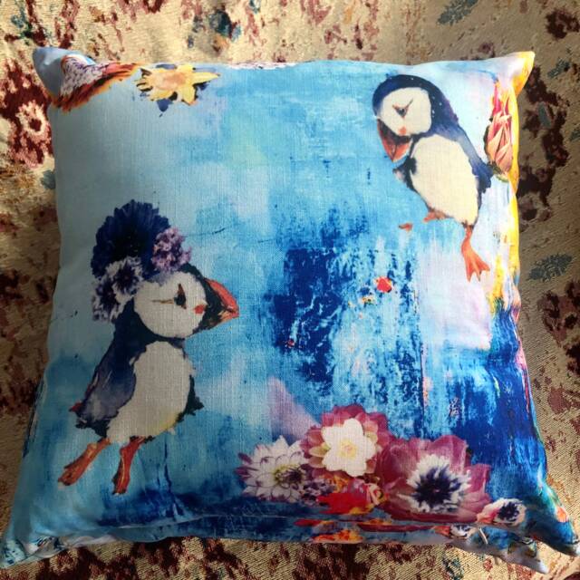 Kawaii Puffins Accent Pillow. Square Pillow For Nursery, Playroom Or Sofa. Washable Cover With Soft Insert. Free Us Shipping - image 1