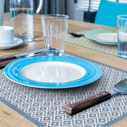 Blue & Green Linoleum Placemats, Geometric Pattern, Table Settings, Printed On PVC Vinyl Mat