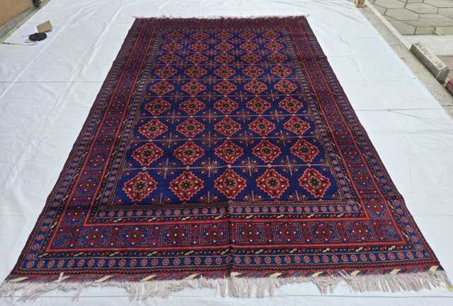 Handwoven Turkmen Bukhara Rug 6x10 Navy Blue & Red Wool Geometric Area Rug - image 1