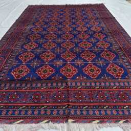 Handwoven Turkmen Bukhara Rug 6x10 Navy Blue & Red Wool Geometric Area Rug - thumbnail 4