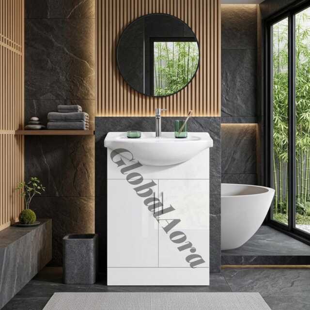 Scandi Vanity Unit With Ceramic Sink - White Wooden Bathroom Cabinet 2 Doors Floor Standing Under Storage - image 1