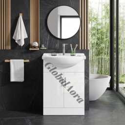 Scandi Vanity Unit With Ceramic Sink - White Wooden Bathroom Cabinet 2 Doors Floor Standing Under Storage - thumbnail 4