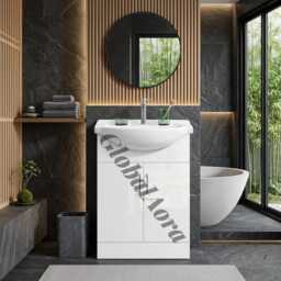 Scandi Vanity Unit With Ceramic Sink - White Wooden Bathroom Cabinet 2 Doors Floor Standing Under Storage - thumbnail 1
