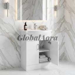 Scandi Vanity Unit With Ceramic Sink - White Wooden Bathroom Cabinet 2 Doors Floor Standing Under Storage - thumbnail 3