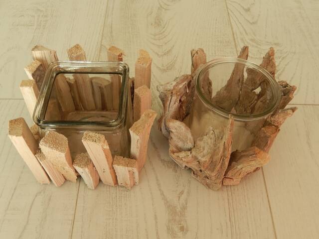 Set Of 2 Lanterns Made Wood & Glass, Driftwood, Lantern, Candle Holder, Tealight Holder - image 1