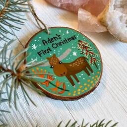 Hand Painted Baby's First Christmas Ornament, Moose Kids Heirloom Gift, Animal Unique Gift For Boy - thumbnail 3