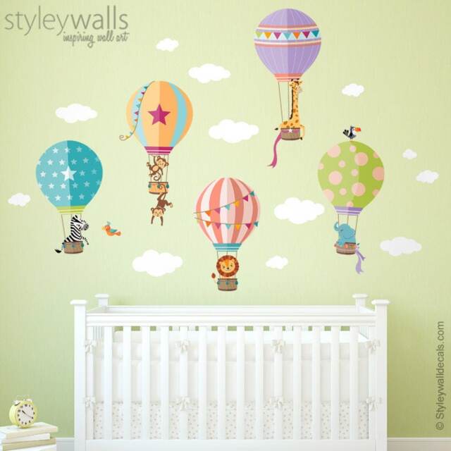 Hot Air Balloons Wall Decal, Sticker, Jungle Safari Animals Decal Kids Room Baby Nursery Decor - image 1