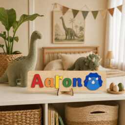 Personalised Wooden Name Puzzle With Dinosaurs Montessori Keepsake, Nursery Decor