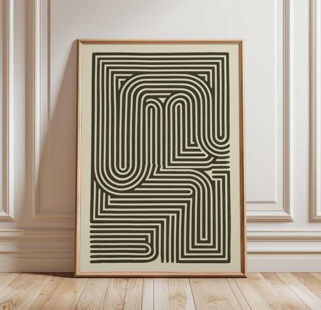 Abstract Maze Poster - Minimal Geometric Wall Art Black Cream Line Print - image 1