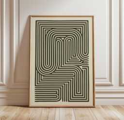 Abstract Maze Poster - Minimal Geometric Wall Art Black Cream Line Print - thumbnail 1