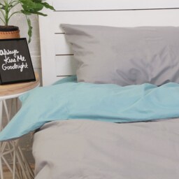 Cotton Bedding Set Of 5 Pieces in Gray & Turquoise. Flat Sheet, Fitted Duvet Cover + 2 Pillowcases. Twin Full Queen Au Eu Bed Linen