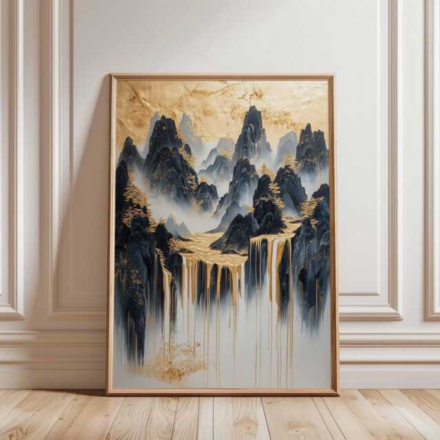 Golden Peaks Poster, Abstract Mountain Wall Art, Luxury Landscape Print in Black & Gold - image 1