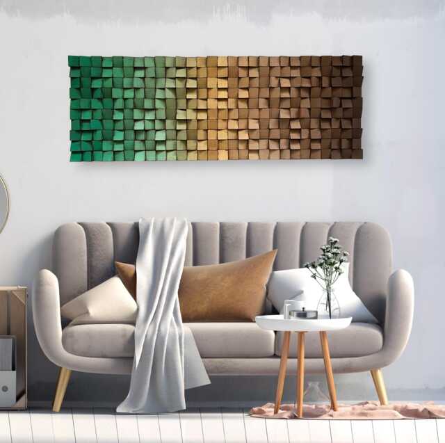 Wood Wall Art - Handmade Sound Diffuser Green Gold Brown Decor - image 1