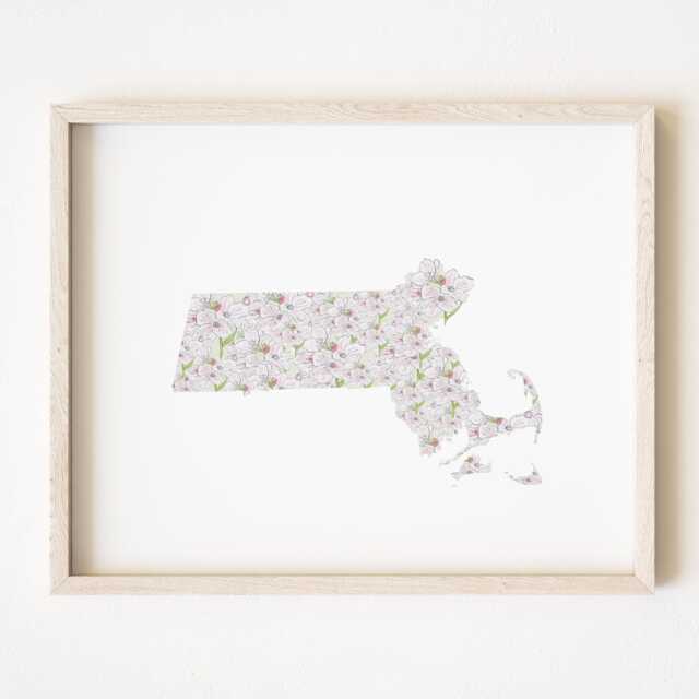 Massachusetts State Flower Map Watercolor Mayflower - Art Print Wall Graduation Wedding Realtor Moving Gift New England Floral - image 1