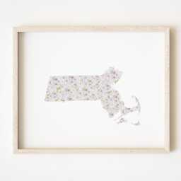 Massachusetts State Flower Map Watercolor Mayflower - Art Print Wall Graduation Wedding Realtor Moving Gift New England Floral - thumbnail 1