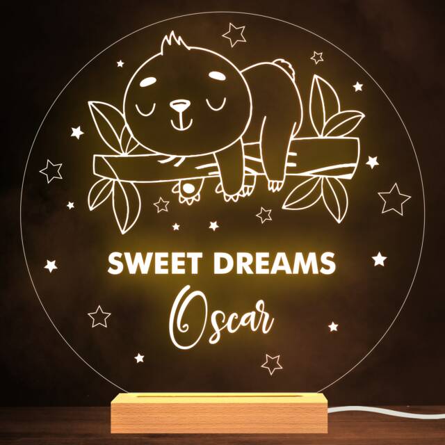 Kids Cute Baby Sloth Round Name Personalised Gift Warm White Lamp Night Light - image 1