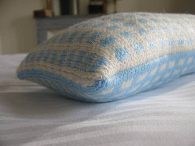 Rectangular Cushion Blue/Cream, Praline Collection, Unique Piece, Home Decoration, Knitted Object, Hand-Knitted Cushion, Decoration - image 1