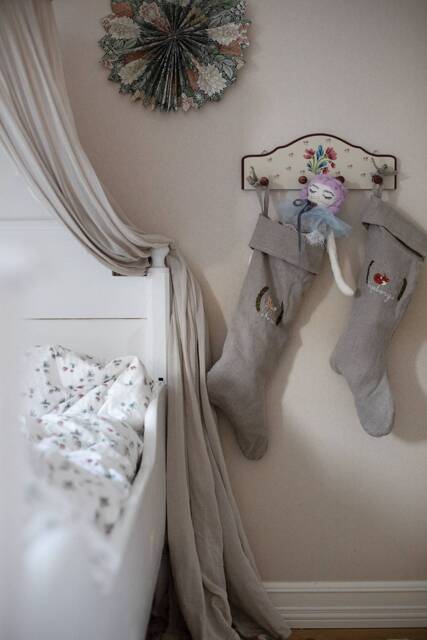 Woodland Linen Christmas Stocking, Personalized Natural Kids Stocking With Hand Embroidered Name - image 1