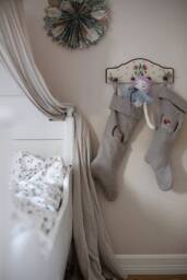 Woodland Linen Christmas Stocking, Personalized Natural Kids Stocking With Hand Embroidered Name