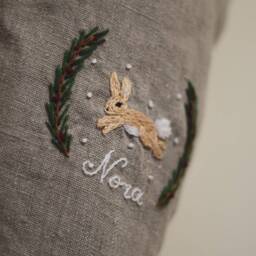 Woodland Linen Christmas Stocking, Personalized Natural Kids Stocking With Hand Embroidered Name - thumbnail 3