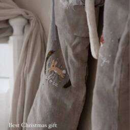 Woodland Linen Christmas Stocking, Personalized Natural Kids Stocking With Hand Embroidered Name - thumbnail 2