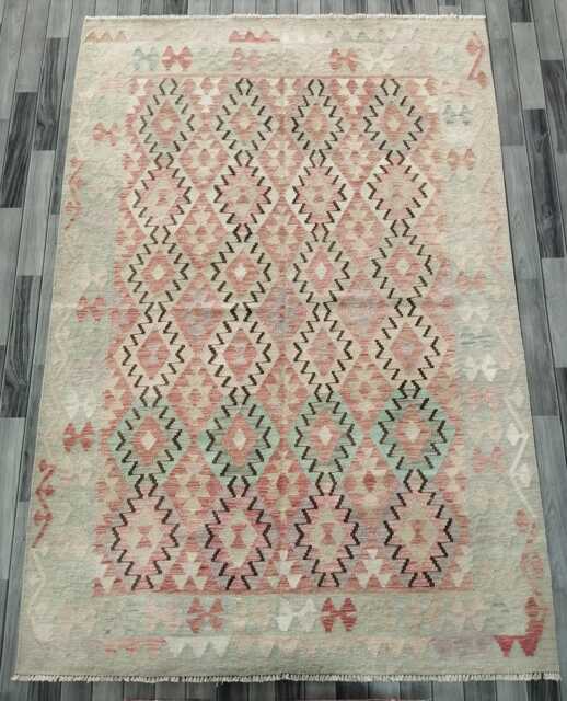 Handwoven Natural Wool Faded Kilim Rug, Artisan Tribal Geometric Flatweave, Turkish Persian Navajo Bohemian Design, 248x171 cm - image 1