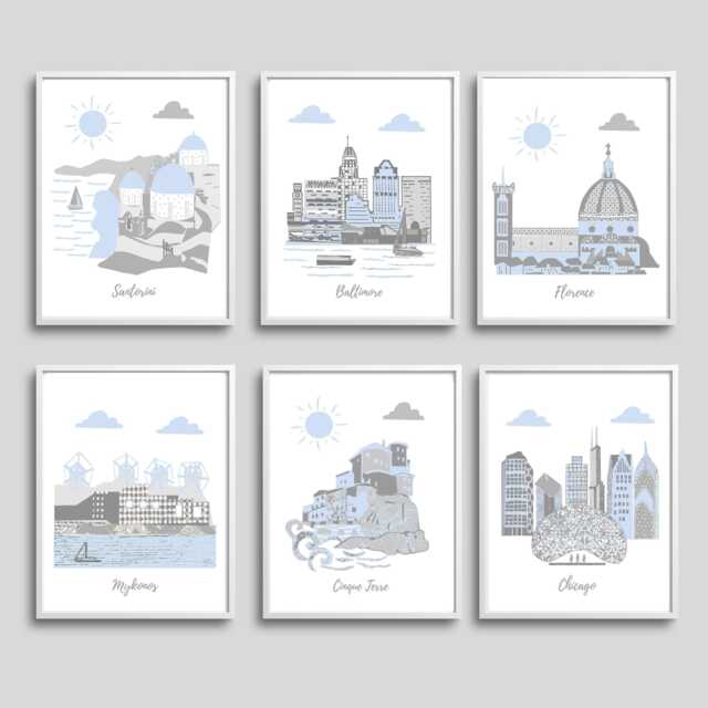 City Skyline Nursery Art Print, Travel Theme, Blue Gray Set - image 1