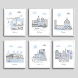 City Skyline Nursery Art Print, Travel Theme, Blue Gray Set - thumbnail 1