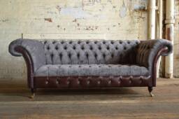 3 Seater Slate Grey Velvet Chesterfield Sofa - Dark Brown Leather British Handmade - thumbnail 1