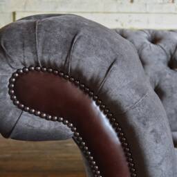 3 Seater Slate Grey Velvet Chesterfield Sofa - Dark Brown Leather British Handmade - thumbnail 3