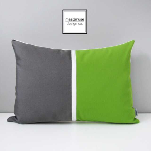Lime Green & Grey Sunbrella?? Pillow Cover in Modern Color Bock & White Accent For Pool Patio Lounge Chairs, Gray Throw Cushion, Mazizmuse - image 1