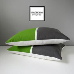 Lime Green & Grey Sunbrella?? Pillow Cover in Modern Color Bock & White Accent For Pool Patio Lounge Chairs, Gray Throw Cushion, Mazizmuse - thumbnail 3