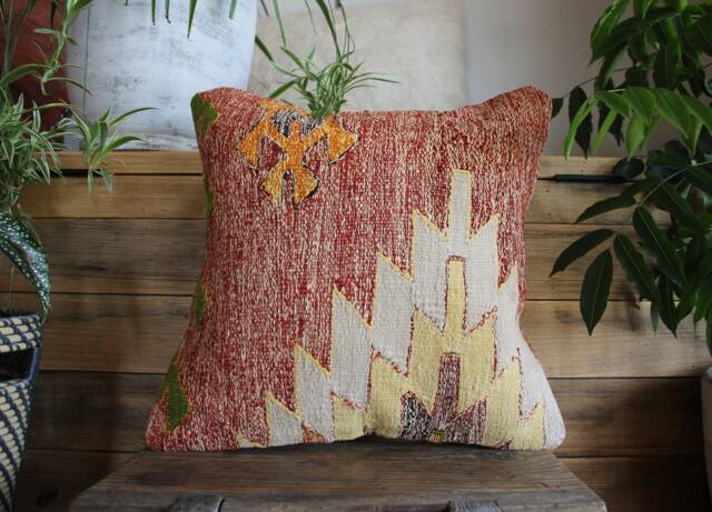 40cm Handwoven Kilim Pillow Cover - Hand Spun Wool Tribal Motifs Speckled Yellow Grey Red - image 1