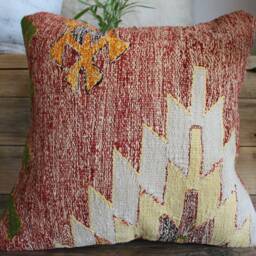 40cm Handwoven Kilim Pillow Cover - Hand Spun Wool Tribal Motifs Speckled Yellow Grey Red - thumbnail 2