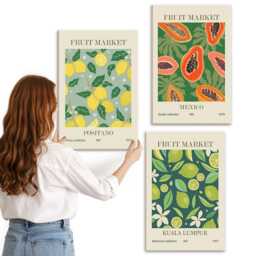 Canvas Set Of 3 - Fruity Patterns Lemons, Papayas, & Limes, Green Wall Art, Food Drinks Hanging Piece